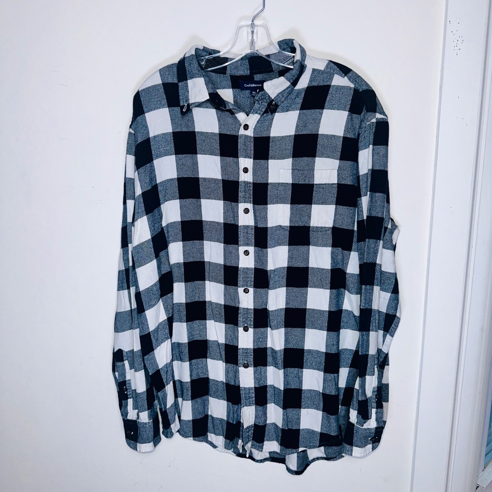 Croft & Barrow Mens XL Black White Buffalo Plaid Flannel Button Down Shirt
